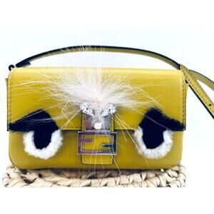 Fendi Monster Fur Micro Yellow Crossbody Leather Baguette SHW Authentic CoA